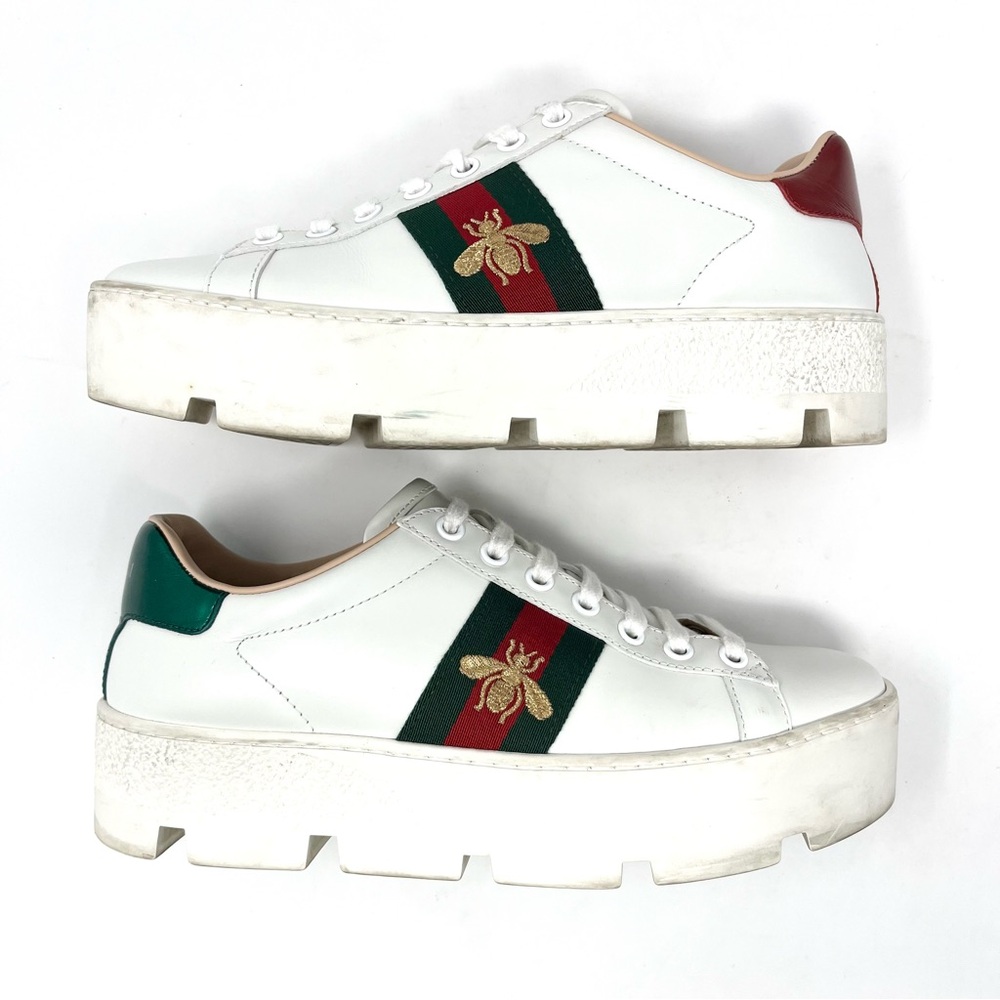 Gucci Ace Bee Platform White Leather Sneakers Shoes Logo Low Top Chunky 36.5 6.5 - Picture 3 of 12